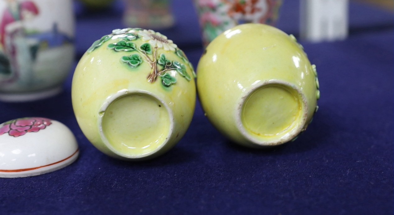 A pair of Chinese yellow glazed vases, pair of square form famille rose vases and baluster vase, a republic period baluster vase and five other items, (11items)